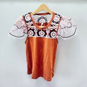 Anthropologie Lace-Trimmed Rust‎ Orange Top XS